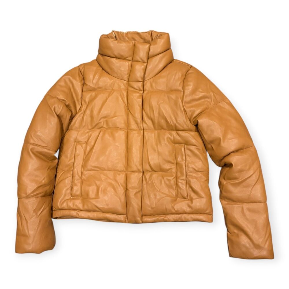 Abercrombie & Fitch A&F Mini Puffer Vegan Leather Cropped Jacket Tan Camel Small